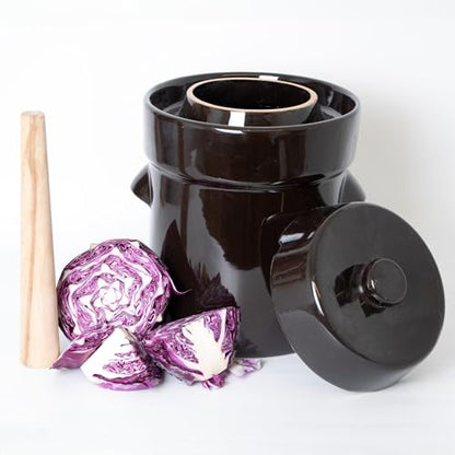 Lehman's European Style Fermentation Crock Set with Wooden Stomper and Fitted Weights, Set to Preserve Sauerkraut Pickles Kimchi and More - size: 2.6 Gallon