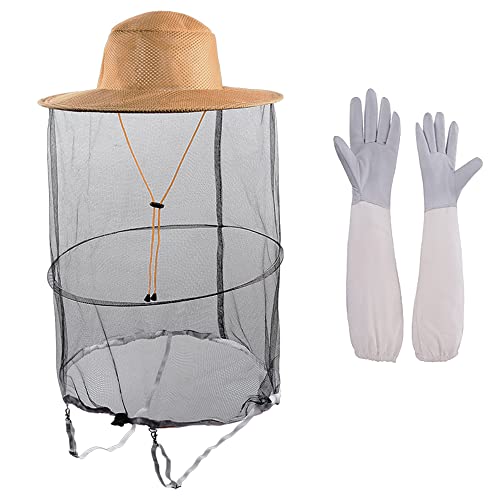 2 in 1 Beekeeping Beekeeper hat and Bee Gloves Insect Bug Mosquito Netting mesh Veil Hood Costumes for Men Women - color: Khaki