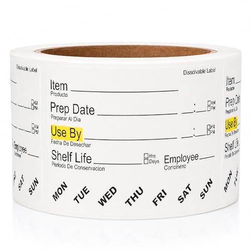 ChromaLabel Dissolvable Food Labels, 2" x 3", 500/Roll, Water Dissolvable Labels for Food Containers, Food Rotation for Prep Date, Use By, Shelf Life, Writable Freezer Safe