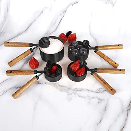 8-Piece Black Measuring Cups and Spoons Set, Stainless Steel Kitchen Measuring Set with Acacia Wood Handles for Baking and Cooking - color: Black