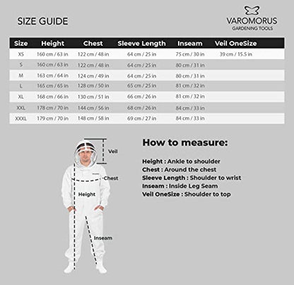 Varomorus Professional Beekeeping Suit Full Body 100% Cotton with Veil Hood (L) - size: L