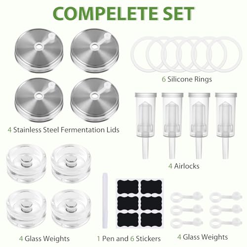 Fermentation Kit for Wide Mouth Mason Jars, 4 Easy-Lift Glass Weights, 4 Stainless Steel Fermentation Lids with Airlocks, 6 Silicone Rings and 6 Silicone Stoppers (Jars Not Included)