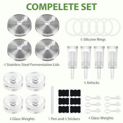 Fermentation Kit for Wide Mouth Mason Jars, 4 Easy-Lift Glass Weights, 4 Stainless Steel Fermentation Lids with Airlocks, 6 Silicone Rings and 6 Silicone Stoppers (Jars Not Included)