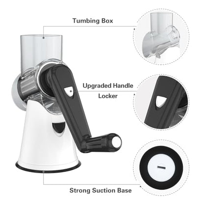 Cambom Rotary Cheese Grater Hand Crank Cheese Shredder for Fresh Cheese, Vegetable, Nuts,Non-slip Suction Base, Three Blades, Black White - color: White Black, size: 3 BLADES