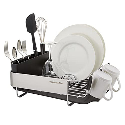 KitchenAid Compact, Space Saving Rust Resistant Dish Rack with Removable Flatware Caddy and Angled Self Draining Drainboard, 16.06-Inch, Black - color: Black, size: Compact