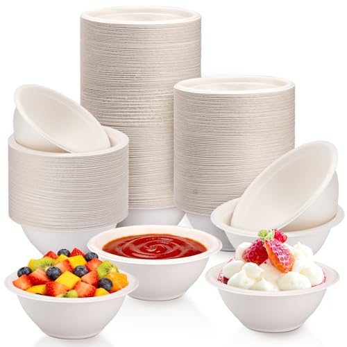 LeonBach 100 Pack 6oz Natural Bagasse Fiber Bowls, Small Disposable Paper Bowls Microwavable Safe Sample Snack Cups Charcuterie Serving Cups for Sauce Portion Condiment Ice Cream Desserts, White - color: White, style: 6oz-100 Pack
