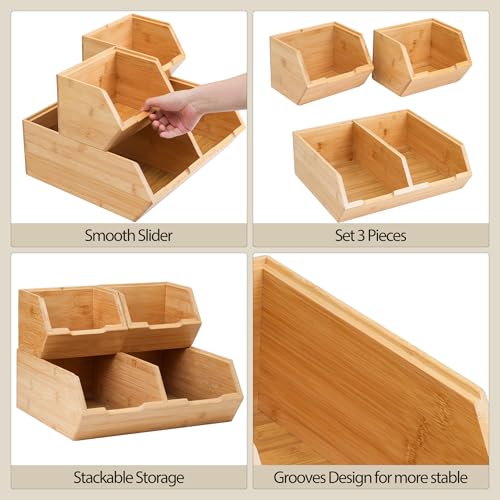 3 Pack Stackable Bamboo Pantry Storage Bins Fruit Food Storage Organizer | Bamboo Potato Onion Storage Bins - Pantry Organizers for Kitchen Countertop, Food Storage Containers for Fruits Vegetables