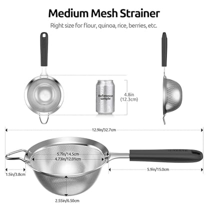 U-Taste Medium Fine Mesh Strainer: 18/8 Stainless Steel 4.73in 30 Mesh Kitchen Food Sieve with Sturdy Riveted Silicone Handle, Heavy Duty Deep Handheld Metal Colander for Rice, Quinoa, Flour (Black) - color: (2) Black, size: M-4.73in