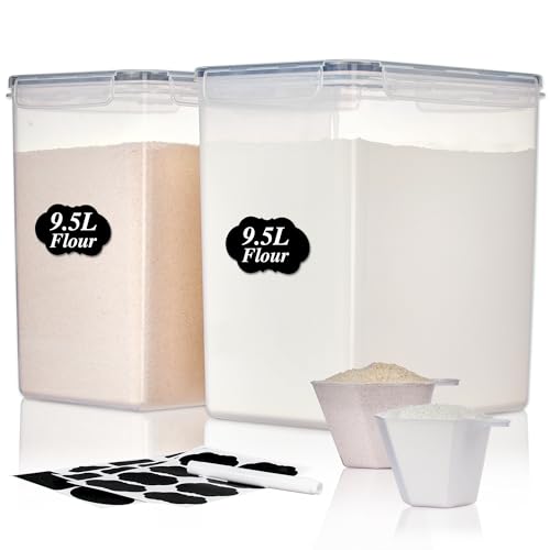 Vtopmart 9.5L 2 Pack Extra Large Flour Sugar Storage Containers, Each for 12.5 lbs flour, Airtight Kitchen Pantry Organization Canisters with Lids for Bulk food, Rice, Baking Supplies, BPA Free, Black - color: Black, size: 9.5L