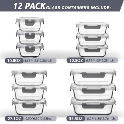 AILTEC 12 Pack Glass Food Storage Containers with Lids, Glass Meal Prep Containers Set with Leak Proof Lids, Airtight Lunch Container for Kitchen, Microwave, Oven, Freezer, Dishwasher Safe, Bpa free - color: gray