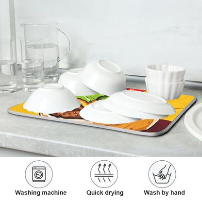Hamburger with Cheese Dish Drying Mat for Kitchen Counter, Non Slip & Super Absorbent Dish Drainer Rack Pad for Countertops, 16 x 18 Inch - size: 16x18in