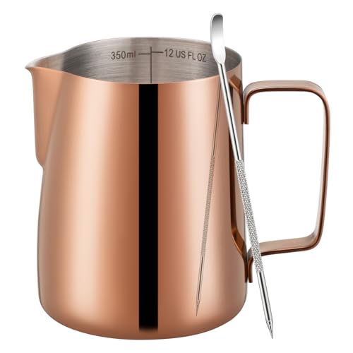 Amrules Milk Frothing Pitcher, 12 oz Milk Frother Cup with Clear Scale, 304 Stainless Steel Cappuccino Espresso Machine Accessories for Barista Coffee Bar with Latte Art Pen, Rose Gold - color: Rose Gold, size: 12 Ounces