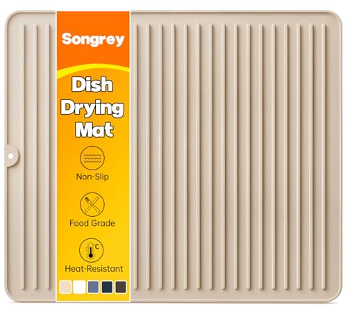 Songrey 18" x 16" Silicone Dish Drying Mat, Kitchen Counter Drying Pad for Sink Dishes or Under Rack, Multi-Use as Heat Resistant Trivet, Coffee Bar Mat - color: Beige, size: 18" x 16"