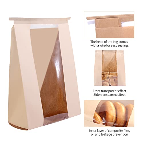 50 Pack Bakery Bags with Window, 13.8 x 9.4 Inch Large Paper Bread Bags for Homemade Bread, Tin Tie Tab Lock Brown Window Bag for Toast, Cookie, Loaf, Candy, Nuts