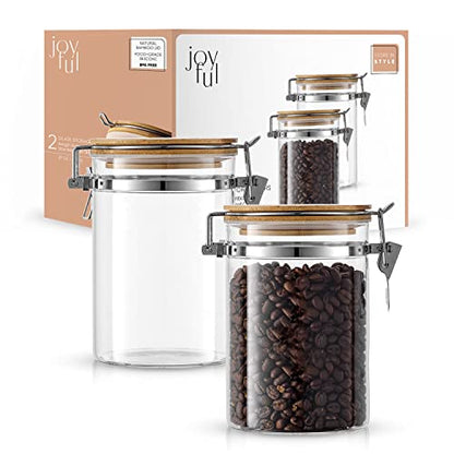 JoyJolt Borosilicate Glass Jars With Bamboo Lids (27oz). 2PC Set of Airtight Storage Jars with Clamp Lids for Pantry Storage. Air Tight Sealable Containers for Kitchen Organization.
