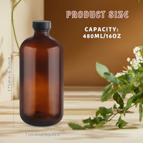 480ml/16oz Amber Glass Bottles Brown Round Bottle Containers with Black Leak Proof Seal Caps for Homemade Essential Oils Lab Home Kitchen - 4 Pcs - color: 4 Pcs