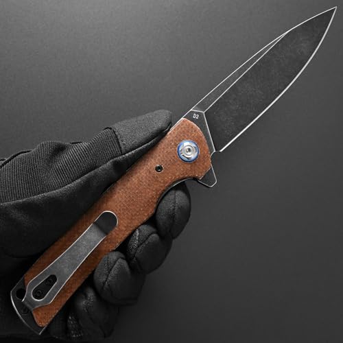 Eafengrow EF973 Folding Knife, D2 Steel Blade Micarta Handle Scale Pocket Knife Folder for Working Camping Hiking EDC Tool Knife(brown) - color: brown