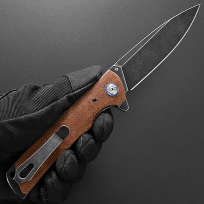 Eafengrow EF973 Folding Knife, D2 Steel Blade Micarta Handle Scale Pocket Knife Folder for Working Camping Hiking EDC Tool Knife(brown) - color: brown