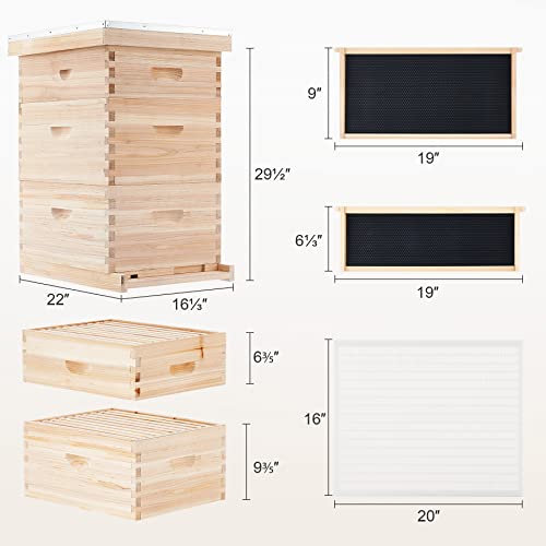 CO-Z Bee Hive Boxes Starter Kit, Langstroth Beehive for Bee Keeping, 3 Layer Bee House with 10 Medium and 20 Deep Frames & Foundations, Beekeeping Supplies with Plastic Queen Excluder and Nails