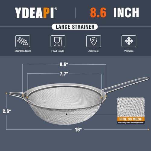 Ydeapi 8.6" Large Fine Mesh Strainer with Handle, Metal Food Strainers for Kitchen, Sieve Fine Mesh Stainless Steel for Rice, Quinoa, Pasta, Noodles - size: 8.6"