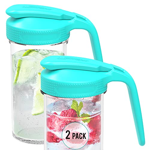 Masontops Multi Pour Top Mason Jar Lid with Handle - Wide Mouth Mason Jar Pour Spout Lid Pourer - Ball Mason Jar Pitcher Lid with Handle and Flip Cap – Glass Mason Jar Pitcher Not included - 2 Pack - color: Teal Pitcher, size: Wide Mouth