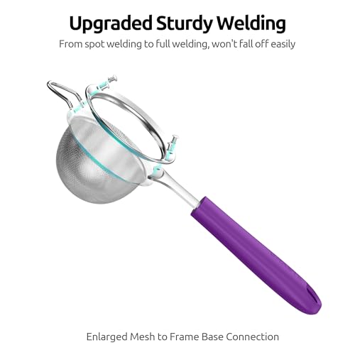 U-Taste Small Fine Mesh Strainer: 18/8 Stainless Steel 3.35in 30 Mesh Kitchen Food Sieve with Sturdy Riveted Silicone Handle, Heavy Duty Deep Handheld Metal Colander for Tea, Juice (Purple) - color: (5) Purple, size: S-3.35in