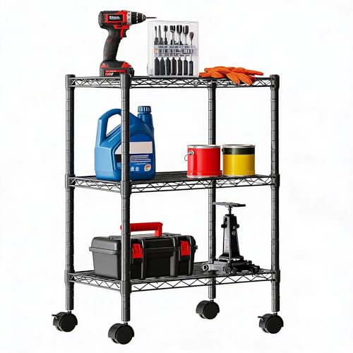 DUMOS 3-Tier Metal Wire Storage Shelves, Adjustable Standing Storage Rack Shelf with Wheels, Heavy Duty Steel Shelving Unit Organizers for Kitchen Bathroom Pantry Garage, 23.1" Wx13.4 Dx30.2 H, Black - color: Black, size: 3 Tiers with wheels-30.31"H