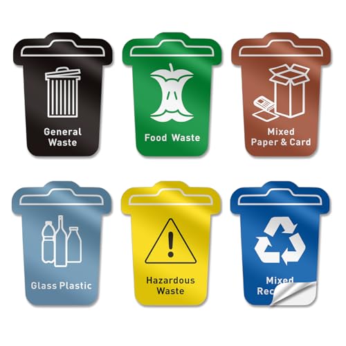 Trash Sorting Stickers (6-Pack) – 6x4.8 Waterproof Vinyl Waste Labels with Strong Adhesive, Durable Outdoor/Indoor Use, Icon-Based Design for Home, Office, Commercial Bins (Bucket-Shaped)