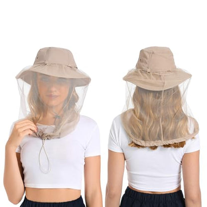 Mosquito Head Net Hat - Bug Cap UPF 50+ Sun Protection with Hidden Netting for Beekeeping Hiking Women - color: Khaki
