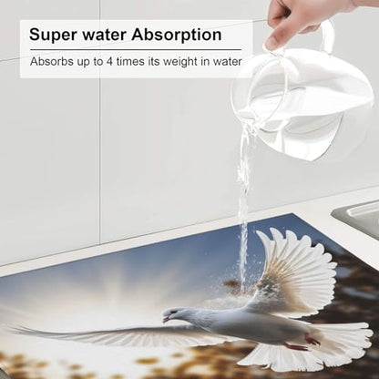 White dove flying in the sun Print Dish Drying Mat for Kitchen Counter Ultra Absorbent Microfiber Dishes Drainer Mats Washable Drying Pads for Sinks 16 x 18 In - color: White Dove Flying In The Sun