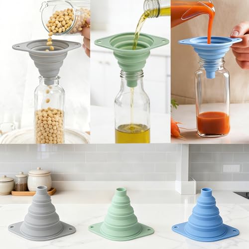 Kitchen Funnel Set 3 Pack, Collapsible Silicone Funnel for Kitchen Use, Small Funnels for Filling Bottle, Transfer Liquid, Oil and Powder, Food Grade Silicone Filter with a Brush