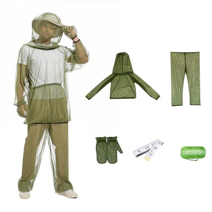 Premium Mosquito Suit-Jacket With Hood/Pants/Mitts/Gift Bag/Tape Measure-Full Body Protection Bugs Clothes - color: Green No Sun Hat, size: Small-Medium
