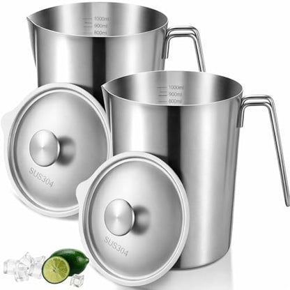 2 Pcs 1 L/32 oz Large Stainless Steel Pitcher with Lid, Metal Measuring Cup, Large Mouth Graduated Beakers with Handle, Milk Frothing Jug for Espresso Machine, Latte Art, Hot/cold Water - size: 1 L/32 oz