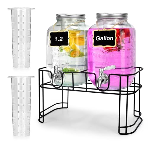 DD&HAPP Glass Drink Dispensers For Parties.1.2 Gallon Beverage Dispensers With Stand And Stainless Steel Spigot.Party Drink Dispenser For Punch,Iced Tea,Ideal for Weddings,Events,Buffet&Home Use. - size: 1.2 Gallon Double With Stand