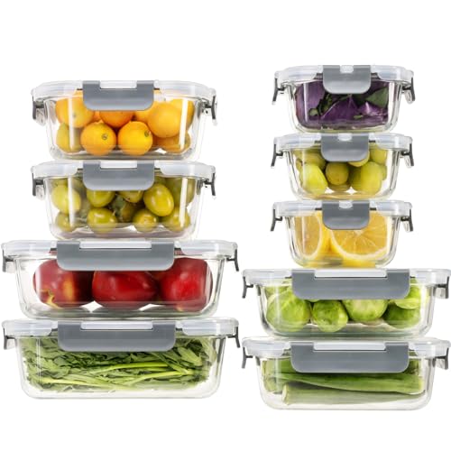 S SALIENT 18 Pieces Glass Food Storage Containers with Lids,Airtight Glass Meal Prep Containers,Glass Storage Containers Set for Kitchen,Pantry BPA Free & Leak Proof (9 lids & 9 Containers) - color: Gray