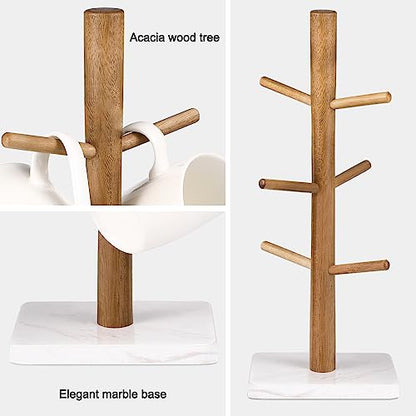 Buruis Wood Mug Holder, Marble Base Cup Rack Tree, Cup Stand Hanger, Kitchen Coffee Mug Tree Countertop Tea Cups Holder Stand, Coffee Mugs Dryer with 6 Hooks, White - color: Square base White