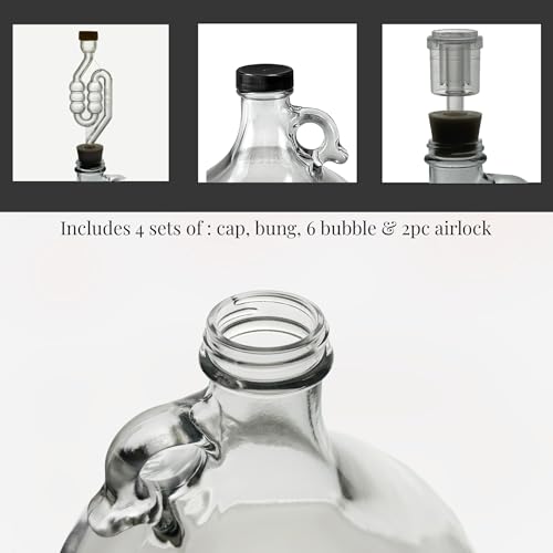 North Mountain Supply 1 Gallon Glass Fermenting Jug with Handle, 6.5 Rubber Stopper, 6-Bubble Airlock, 2-Piece Airlock & Black Plastic Lid - Set of 4