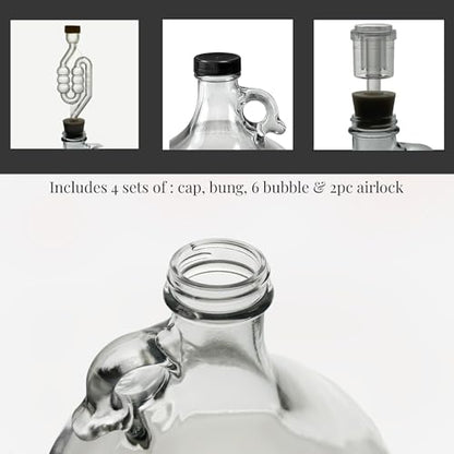 North Mountain Supply 1 Gallon Glass Fermenting Jug with Handle, 6.5 Rubber Stopper, 6-Bubble Airlock, 2-Piece Airlock & Black Plastic Lid - Set of 4