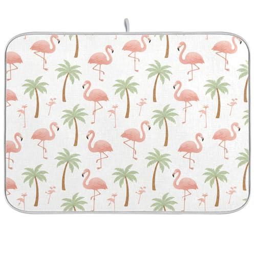 Tropical Flamingo Palm Tree Dish Drying Mat for Kitchen Counter Super Absorbent Draining Mat with Non-slip Backed Dish Rack Pad for Dish Bottles Cups Bowl Sinks Countertops Draining Racks