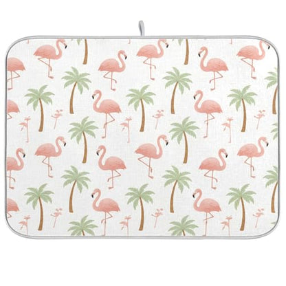 Tropical Flamingo Palm Tree Dish Drying Mat for Kitchen Counter Super Absorbent Draining Mat with Non-slip Backed Dish Rack Pad for Dish Bottles Cups Bowl Sinks Countertops Draining Racks