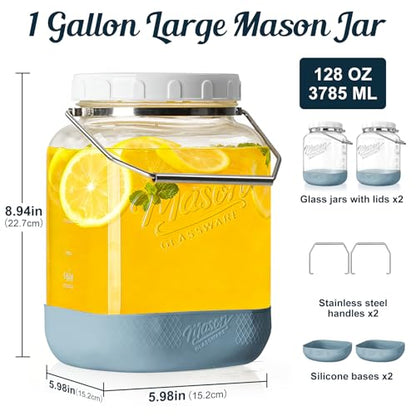 2 Pack Square Wide Mouth Mason Jars, 1 Gallon Glass Jar With Airtight Lid and Scale Marks, 128 FL Oz/3785 ML Food Storage Containers with Handles & Non-slip Bases - for Flour, Rice, Pickling
