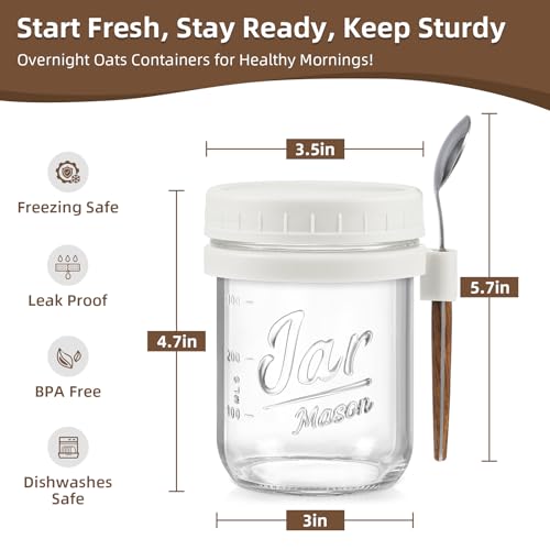 6 Pack Overnight Oats Containers with Lids and Spoons, 16 oz Glass Mason Overnight Oats Jars, Large Capacity Airtight Jars for Milk, Cereal, Fruit(White) - color: White