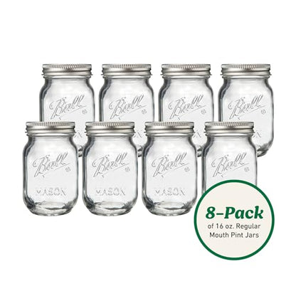 Ball Regular Mouth Pint 16oz. Glass Mason Jar with Lids and Bands, 8 Count - size: 16oz (8-Pack)
