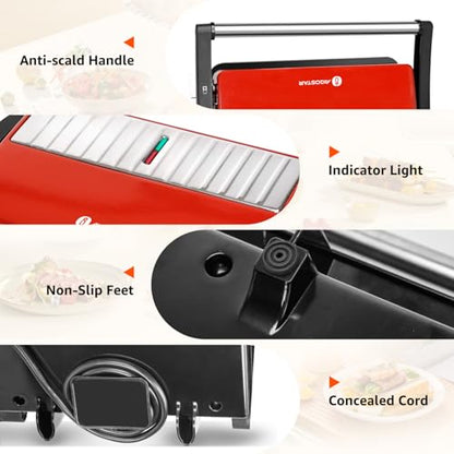 Panini Press Grill, Aigostar 1000W Sandwich Maker with Ceramic Non-stick Plates, Opens 180 Degrees for Any Size Food, 3-in-1 Sandwich Press Electric Grill, Drip Spout & Locking Lid, Red - color: Red