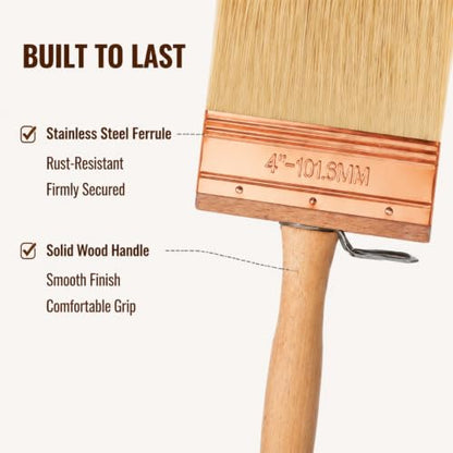 Deck Stain Brush 4", Attachable Paint Brush with Wooden Handle | Ergonomic wooden handle, Soft shed-resistant bristles, Detachable design, Washable & reusable, For furniture refinishing - color: 4 Inch