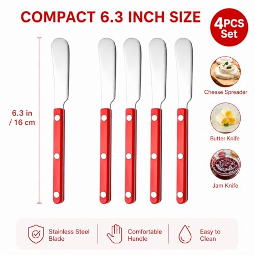 4PCS Stainless Steel Butter Knives Set: 6.3 Inch Cheese Spreader 304 Stainless Steel with Ergonomic Handle for Cheese, Butter & Jam (red) - color: red