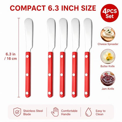 4PCS Stainless Steel Butter Knives Set: 6.3 Inch Cheese Spreader 304 Stainless Steel with Ergonomic Handle for Cheese, Butter & Jam (red) - color: red