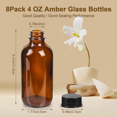 8 Pack 4 oz Amber Glass Bottles with Black Caps, Boston Round Bottles for Homemade Vanilla Extract, Essential Oils, Syrup, Juice, Leakproof Empty Containers for Holiday Gifts & Liquids