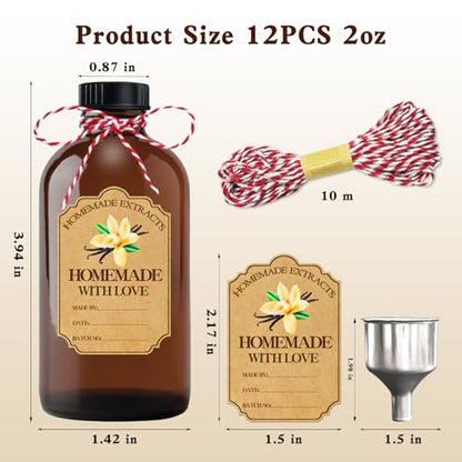 12Pcs 2 oz Amber Glass Bottle Brown Round Bottles with Caps, for Vanilla Extract Homemade, with Stickers and Funnel, for Syrup Gift Glass Food Storage Canister Set, Sauce Beans, Essential Oil - color: 12 Pcs 2 Ounce
