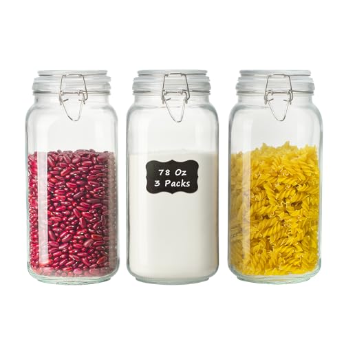 78oz Glass Food Storage Jars with Airtight Clamp Lids, 3 PCS Food Storage Canister for Kitchen & Pantry Organization, Square Mason Jar Containers for Storing Sugar, Flour, Cereal,Coffee,Cookies - color: Clear 78oz Square - 3 sets